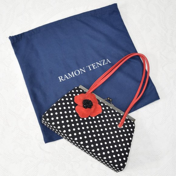 Ramon Tenza Poppy Polka Dot Black White Red Beaded Purse Handbag w/ Dust Bag EUC - Picture 13 of 13